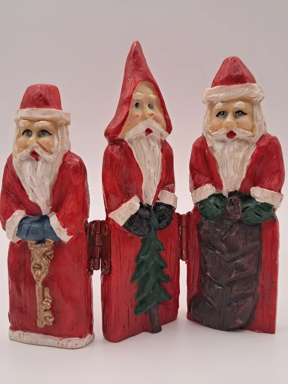 ​Vintage Hand Painted Santa Triptych Hinged Wooden Figurine Set Signed Becky 97